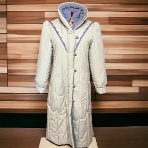 VINTAGE 80s Futuristic Puffer Down Coat Size M Womens Mod Maid Cowl Neck Quilted